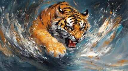 Fototapete - Abstract expressionism of Asian tiger in motion fluid paint strokes create highly detailed movement Sharp edges and thick oil paint bring the tiger to life in a full canvas painting