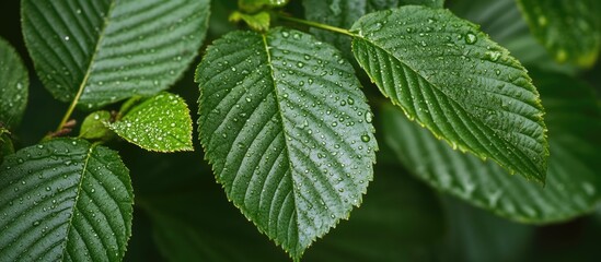 Wall Mural - Macro shot of lush green foliage with water droplets highlighting the texture and details of leaves in a natural setting.