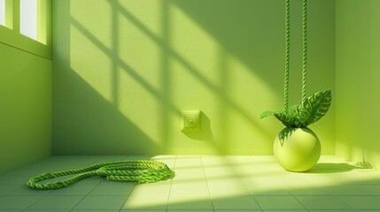 Poster - Bright green minimalist interior with a hanging plant, shadow play, and a coiled rope on the floor