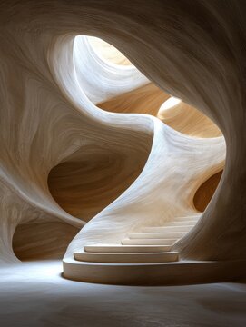 Modern interior with curved walls and staircase.