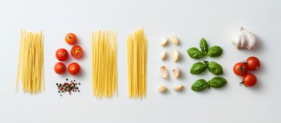 Wall Mural - Italian spaghetti ingredients arranged on white wooden background with ample copy space for culinary projects and recipe presentations