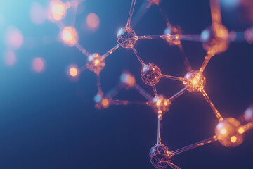 Molecule with glowing lights depicting chemical structure in dark background representing science and technology concept