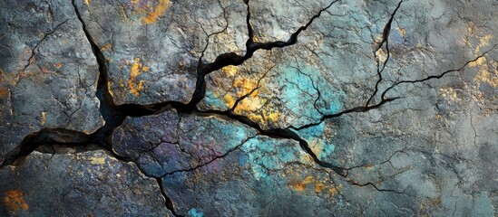 Poster - abstract tree-like crack patterns on a textured stone surface with vibrant color highlights for crea