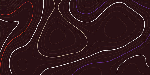 Poster - The stylized height of the topographic map contour in lines and contours. The concept of a conditional geography scheme and the terrain path. Orange on black. Ultra wide size. Vector illustration.

