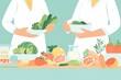 © Artem Zatsepilin - two people holding bowls of greens over table filled with fresh fruits and vegetables, flat illustration. healthy eating, nutrition concept. health, diet, culinary blog poster.