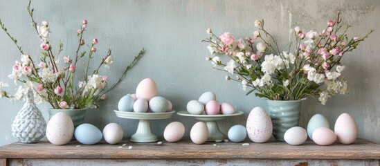 Wall Mural - Easter egg decoration with pastel colors and flowers on a rustic wooden table creating a vintage festive atmosphere