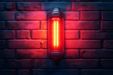 Wall Mural - Industrial Red Neon Light Fixture on Dark Brick Wall - Modern Urban Aesthetic