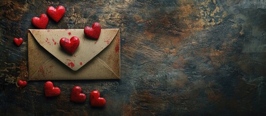 Wall Mural - Envelope with cards and red hearts on textured surface celebrating love with blank space for personalized text and messages