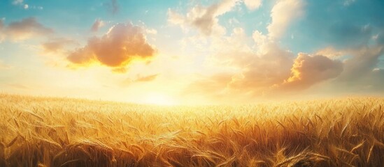Wall Mural - golden wheat field at sunset with vibrant clouds and expansive sky for text placement