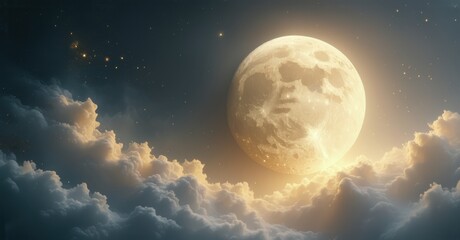 Naklejka na meble Moonlit glow with a gradient fading from cool gray to warm golden champagne. The scene features delicate noise, bright contrast, and a soft celestial atmosphere among the clouds