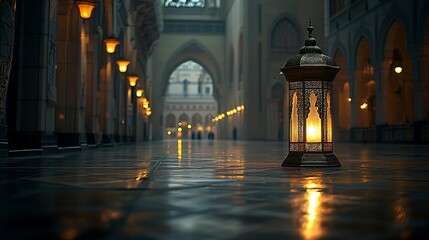 Canvas Print - Illuminated lantern in grand hallway, soft glow, arched architecture, peaceful ambiance; website header