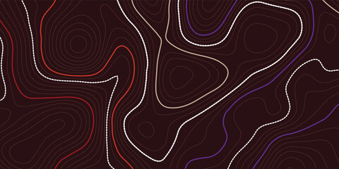 Poster - The stylized height of the topographic map contour in lines and contours. The concept of a conditional geography scheme and the terrain path. Orange on black. Ultra wide size. Vector illustration.
