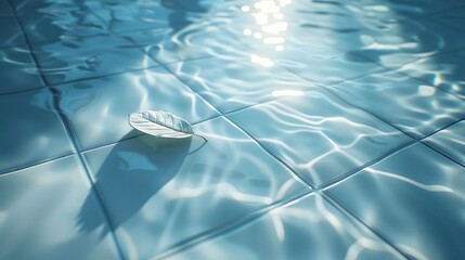 Poster - A serene water scene featuring a leaf floating on a tiled surface, reflecting light patterns