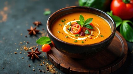 Wall Mural - Creamy autumnal vegetable soup, garnished with fresh herbs and a swirl of cream, served in a rustic bowl on a wooden board.