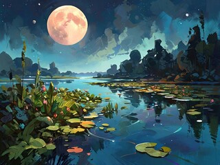 Wall Mural - night landscape with moon and stars