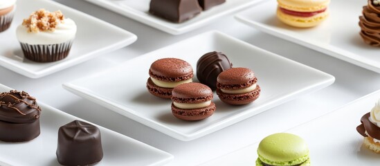 Canvas Print - Gourmet confectionery arranged on elegant plates showcasing exquisite desserts and macarons in a high-end food photography style