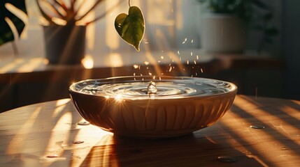 Poster - A serene moment capturing a leaf dropping into a water bowl, sunlight streaming through a window