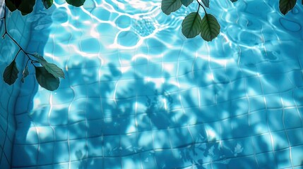 Poster - Tranquil pool water reflecting sunlight with leafy shadows, creating a serene atmosphere