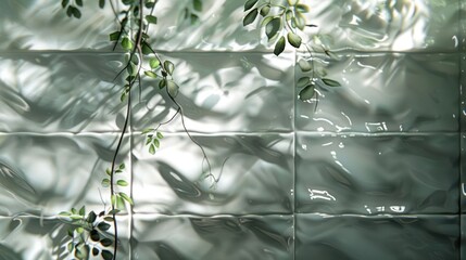 Poster - Lush green vines cascading over glossy, textured tiles in a serene indoor environment