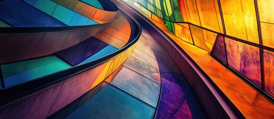 Fototapete - Colorful geometric patterns in abstract architecture showcasing vibrant curves and sharp angles reflective of modern design principles.