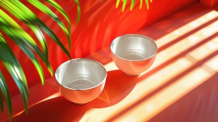 Poster - Two elegant bowls placed on a vibrant red surface with sunlight casting shadows, surrounded by greenery