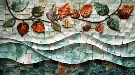 Aufkleber - colorful mosaic of leaves and waves creating a serene nature-inspired wall art scene