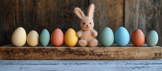 Wall Mural - Easter celebration with colorful eggs and a plush bunny arranged on rustic wooden boards for a festive holiday atmosphere.