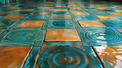 Poster - Vibrant, textured ceramic tiles reflecting light in a colorful pattern, enhancing interior design
