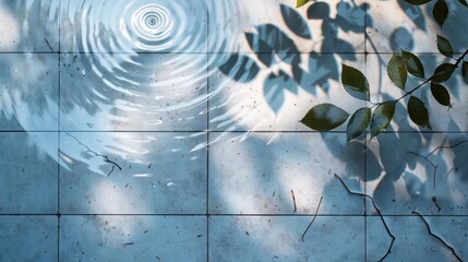 Poster - Tranquil Water Ripples on Blue Tiles Surrounded by Leaves and Shadows in a Serene Setting