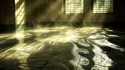 Aufkleber - Sunlight streaming through windows creates a serene atmosphere in a misty, tiled room