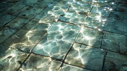 Poster - Sunlight reflecting on clear water over textured tiles, creating a serene and tranquil atmosphere