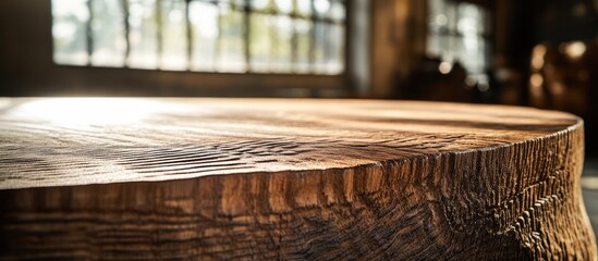 Wall Mural - Rustic wooden table with soft blurred background showcasing natural textures and warm lighting for a cozy ambiance.