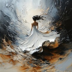 Poster - Abstract painting of runaway bride her long dress swirling in thick oil paint and fluid art Sharpedged details and liquid 3D shapes create a highly detailed expressionist masterpiece