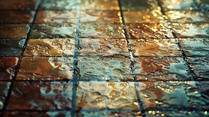 Aufkleber - Close-up of wet tiles reflecting light in a vibrant, colorful pattern after rain