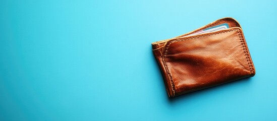 empty leather wallet on blue surface representing financial struggles and lack of funds with area fo