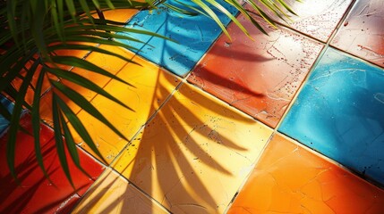 Aufkleber - Colorful tiled surface with vibrant patterns and shadows from tropical foliage in sunlight