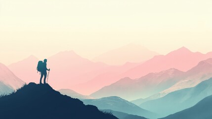 Aufkleber - Silhouette of a hiker on a mountain ridge during sunset with room for text. Generative AI