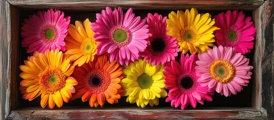 Wall Mural - Vibrant Gerbera daisies in assorted colors displayed in a rustic wooden frame for a cheerful floral arrangement.