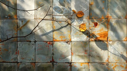 Aufkleber - Abstract composition of textured tiles with natural elements and shadows creating depth