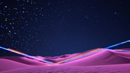 Aufkleber - A futuristic desert landscape with glowing neon beams cutting through soft pink dunes under a starry sky.