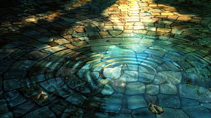 Poster - Tranquil water ripples reflecting sunlight on textured cobblestones in a serene outdoor setting