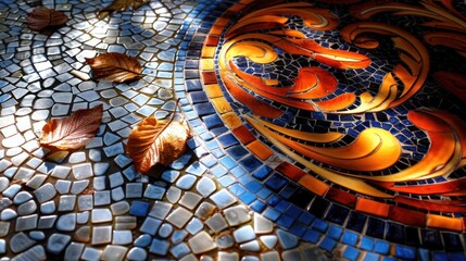 Aufkleber - Colorful mosaic floor with autumn leaves, showcasing intricate designs and natural elements
