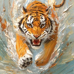 Fototapete - Abstract tiger motion sharp edges and fluid shapes dance in thick oil paint Impasto textures create a dynamic highly detailed portrayal of the tigers powerful leap across the canvas