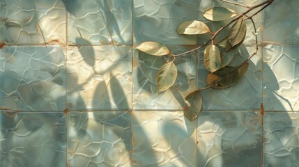 Aufkleber - Sunlight casting shadows on textured tiles with green leaves, creating a serene atmosphere