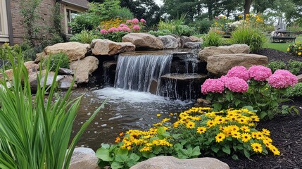 Wall Mural - Serene backyard waterfall garden; lush flowers, peaceful scene; landscaping design inspiration