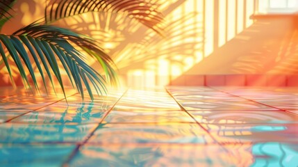 Aufkleber - Serene indoor pool scene with vibrant reflections and shadows from palm leaves at sunset