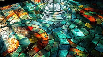 Aufkleber - Colorful mosaic tiles reflecting light with ripples in a tranquil water pool, creating a serene atmosphere
