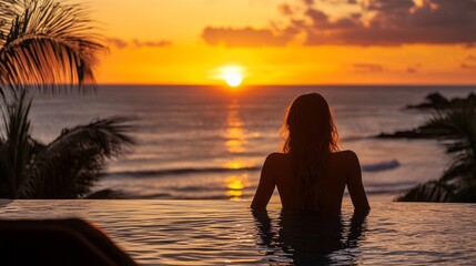 Aufkleber - A serene figure enjoys a quiet moment in an infinity pool, soaking in the breathtaking sunset over the ocean. The warm colors reflect tranquility, inviting peaceful contemplation
