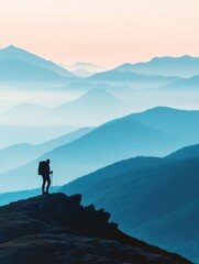 Aufkleber - Silhouette of a hiker on a mountain ridge with stunning views at sunrise. Generative AI