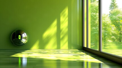 Aufkleber - Bright green interior space with a reflective sphere and sunlight casting shadows from windows